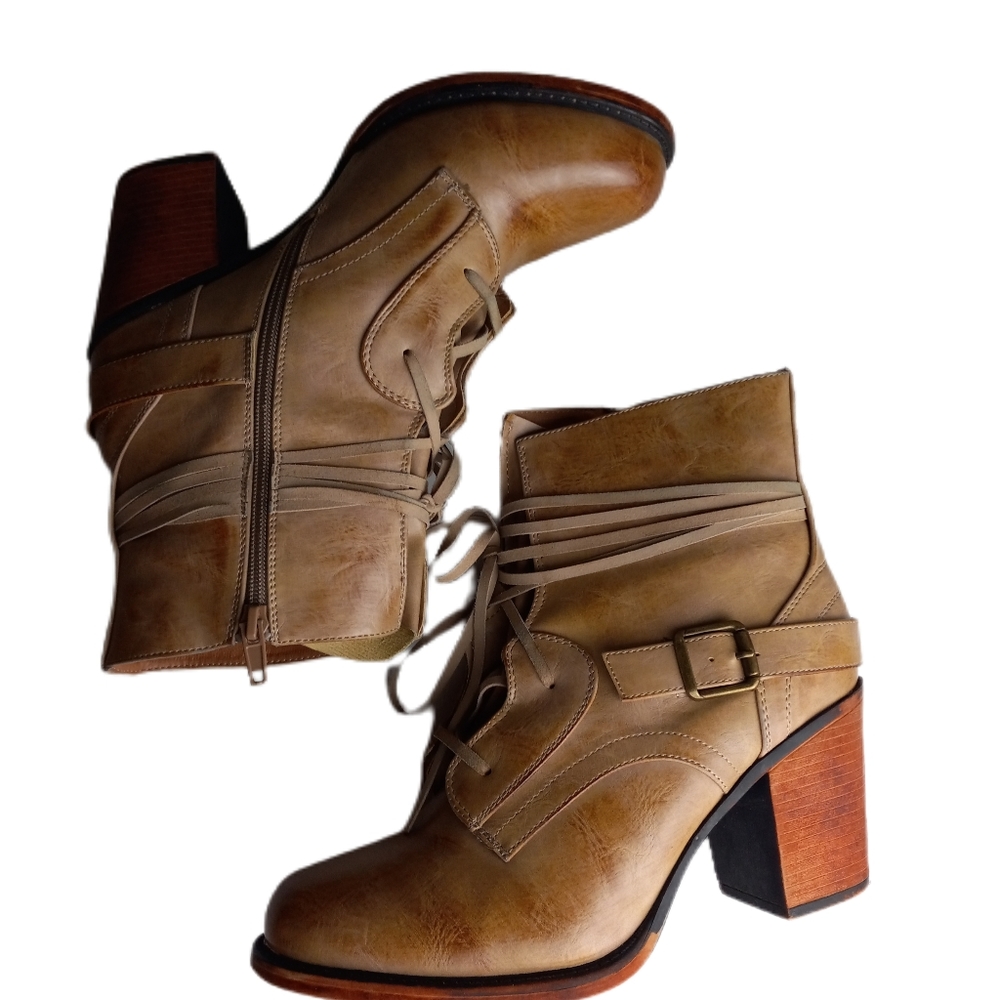 93 Vintage Bianca  Booties Tan Brown  Side Zip Boho Sz 10 Stack Heel Leather EUC